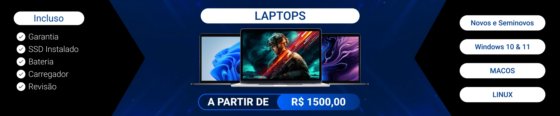 Imagem propaganda anunciando laptops apartir de 1500 reais.